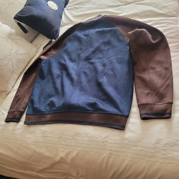 BEN SHERMAN Faux Suede Bomber Jacket Navy and Brown  Size: XL - Picture 2 of 7